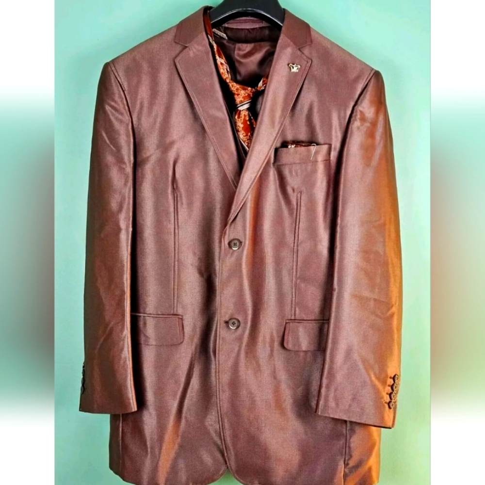 EJ Samuel Mens 42R 4 Piece Suit Brown Floral Modern Fit 36R Pants Tie Pocket